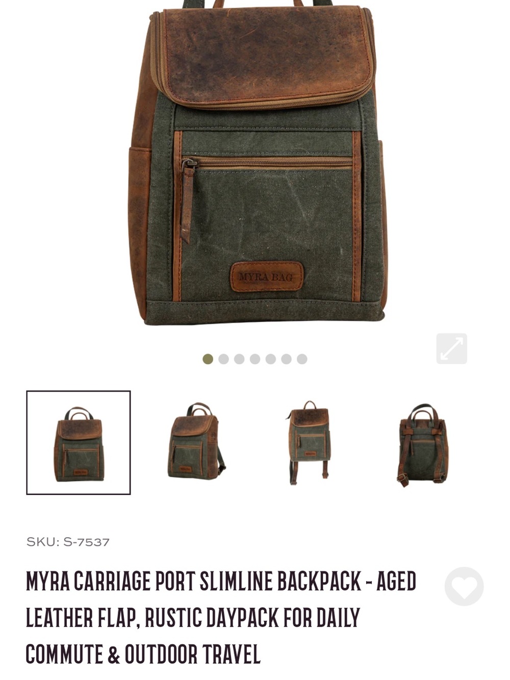 Myra Bag Green Canvas and Brown Leather Trim Backpack - Picture 2 of 6